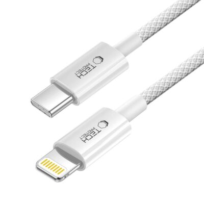 Pilkas kabelis TECH-PROTECT ULTRABOOST LITE LIGHTNING CABLE PD27W 3A 200CM su baltu pynimu ir jungtimis