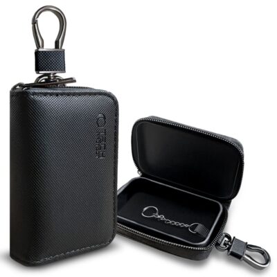 Juodas dėklas signalo blokavimui TECH-PROTECT KLR300 POUCH KEYLESS RFID SIGNAL BLOCKER su užtrauktuku ir metaliniu pakabuku