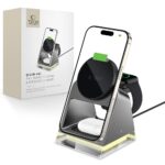Juodas belaidis pakrovėjas TECH-PROTECT QI15W-A43 3IN1 magnetic magsafe wireless charger su telefonu, ausinėmis ir laikrodžiu