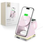 Rožinis belaidis pakrovėjas TECH-PROTECT QI15W-A43 3IN1 MAGNETIC MAGSAFE WIRELESS CHARGER su tamsiu telefonu įkraunamas stovėjimo vietoje
