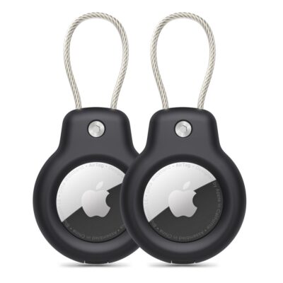 Juodas dėklas Apple Airtag TECH-PROTECT ROUGH VEIN 2-PACK su metaliniais kilpų laikikliais