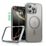 Pilkas dėklas su apsauginiu stiklu Apple Iphone 16 Pro Esr Classic Set Halolock Magsafe matomas iš įvairių kampų