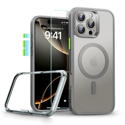 Pilkas dėklas su apsauginiu stiklu Apple Iphone 16 Pro Esr Classic Set Halolock Magsafe matomas iš įvairių kampų