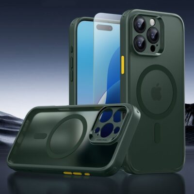 Žalias dėklas su apsauginiu stiklu Apple Iphone 16 Pro Max su geltonais mygtukais