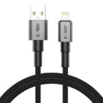 Pilkas kabelis TECH-PROTECT ULTRABOOST DNA LIGHTNING CABLE su tamsiai juodu pintu apvalkalu ir metaliniu jungtuku