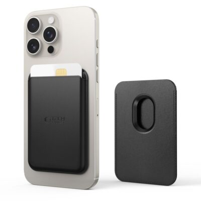 Juodas magnetinis dėklas kortelėms TECH-PROTECT MAGWALLET MAGSAFE UNIVERSAL MAGNETIC ant auksinio telefono