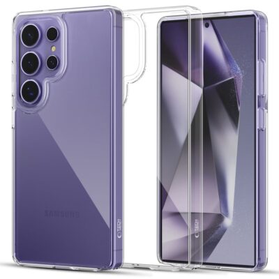 Skaidrus dėklas Samsung Galaxy S25 Ultra Tech-Protect FlexAir Hybrid aplink violetinį telefoną