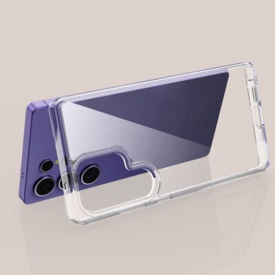 Skaidrus dėklas Samsung Galaxy S25 Ultra Tech-Protect FlexAir Hybrid atvaizduojamas su violetiniu telefonu