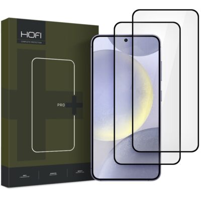 Juodas apsauginis ekrano stikliukas Samsung Galaxy S25 Hofi Glass Pro plus komplektas su dviem stiklais