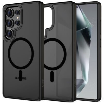 Juodas matinis dėklas Samsung Galaxy S25 Ultra su MagSafe žiedu ir apsauga kamerai
