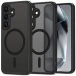 Juodas matinis dėklas Samsung Galaxy S25 Tech-Protect Magcam Magsafe, atvaizduojantis telefono nugarėlę, šoninį profilį ir ekraną.