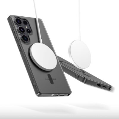 Matinis juodas dėklas Samsung Galaxy S25 Ultra Tech-Protect Magslim Magsafe su baltu magnetiniu belaidžiu įkrovikliu