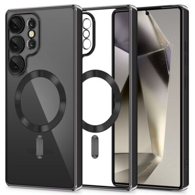 Juodas dėklas Samsung Galaxy S25 Ultra Tech-Protect Magflex Magsafe su magnetiniu žiedu ir permatomu korpusu