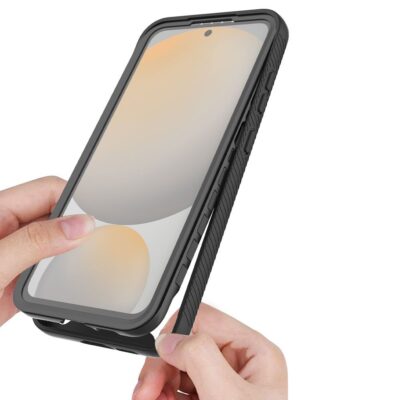 Juodas dėklas Samsung Galaxy S25 Tech-Protect Defense 360 Magsafe su tekstūriniu paviršiumi ir apvaliu ekrano kampu