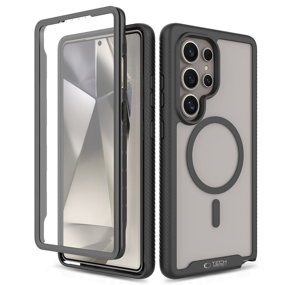 Juodas dėklas Samsung Galaxy S25 Ultra Tech-Protect Defense 360 Magsafe Juodas dėklas Samsung Galaxy S25 Ultra Tech-Protect Defense 360 Magsafe su permatomu korpusu ir išpjovomis kameroms
