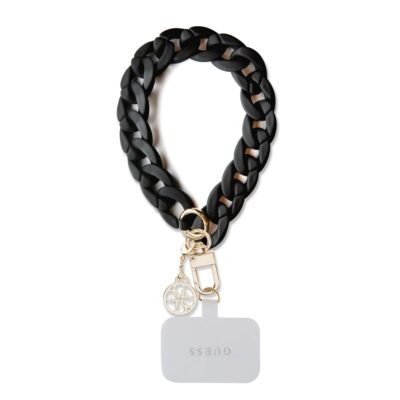 Juodas dirželis Guess Universal Hand Strap 4G Charm su auksiniu kabliuku ir ženkliuku