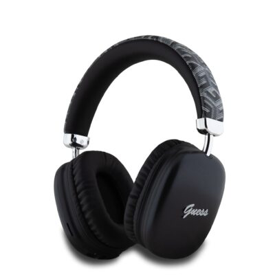 Juodos belaidės ausinės Guess G Cube Script Logo Wireless Headhones su minkštais ausų pagalvėlėmis ir dekoratyviniu raštu lankelyje