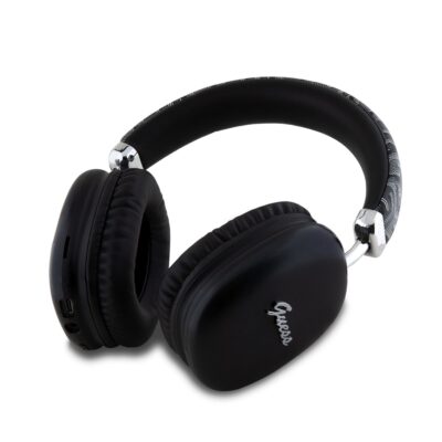Juodos belaidės ausinės Guess G Cube Script Logo Wireless Headhones su minkštais ausų pagalvėliais ir metalinėmis detalėmis