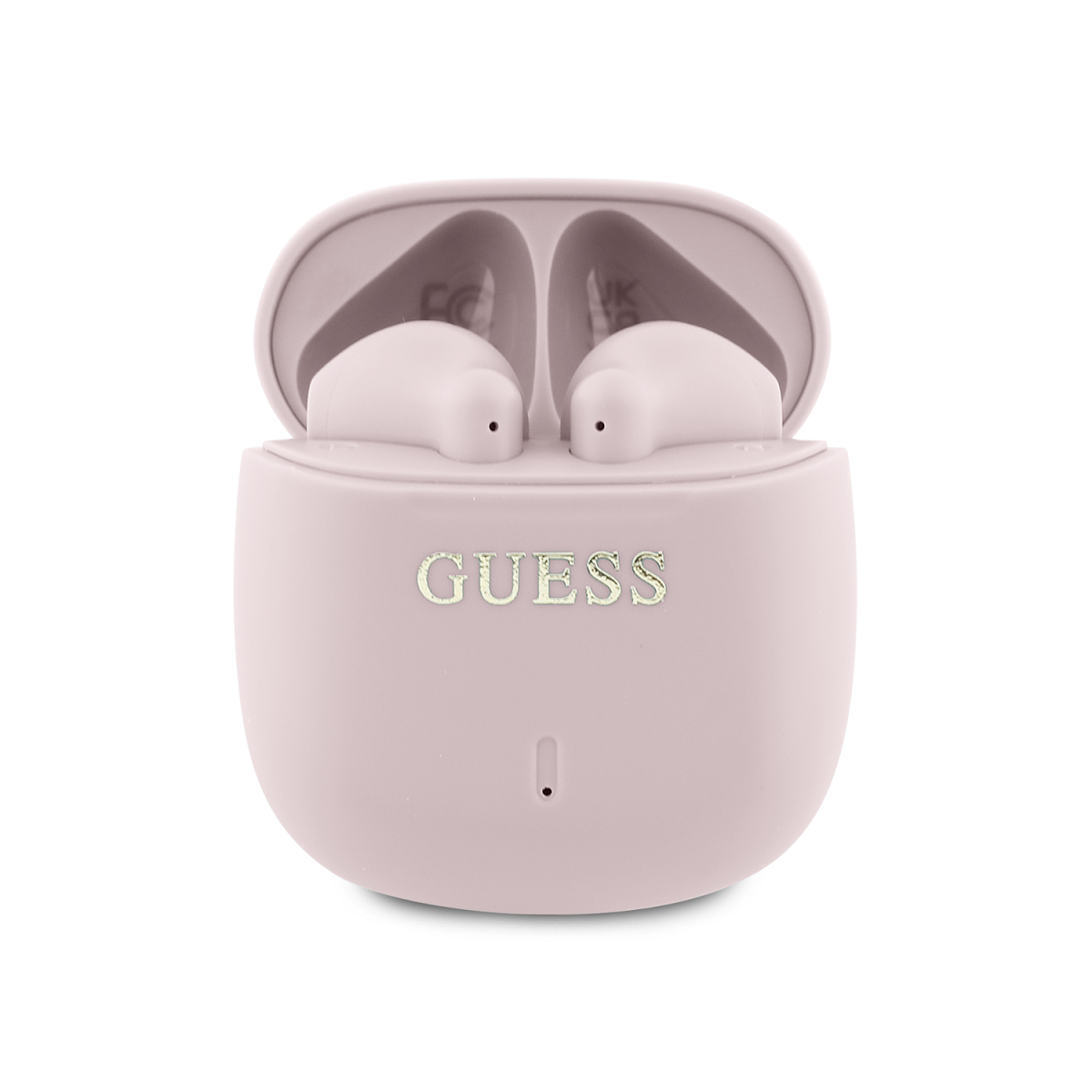 Rausvos belaidės ausinės Guess Printed Classic Logo TWS Rausvos belaidės ausinės Guess Printed Classic Logo TWS Wireless Earphones su dangteliu atidarytu