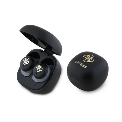Juodos belaidės ausinės Guess 4G Logo Mini TWS Wireless Earphones su dėklu ir auksiniu logotipu