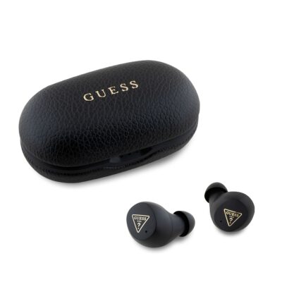 Juodos belaidės ausinės Guess PU Grained ENC TWS Wireless Earphones su juodu deimanto rašto dėklu