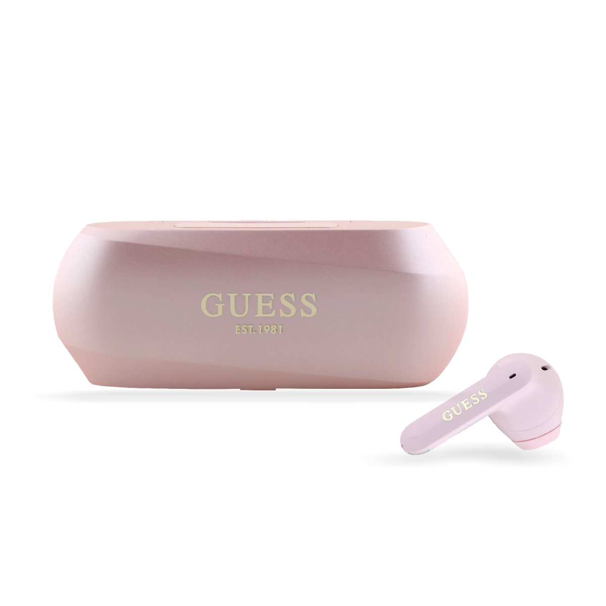 Guess raudvos belaidės ausinės Rausvos belaidės ausinės Guess Elongated Metallic ENC TWS Wireless Earphones su dėklu
