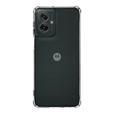 Skaidrus dėklas Tactical TPU Plyo telefonui Motorola G55 dengia juodos spalvos telefoną su dviem kamera ir Motorola logotipu