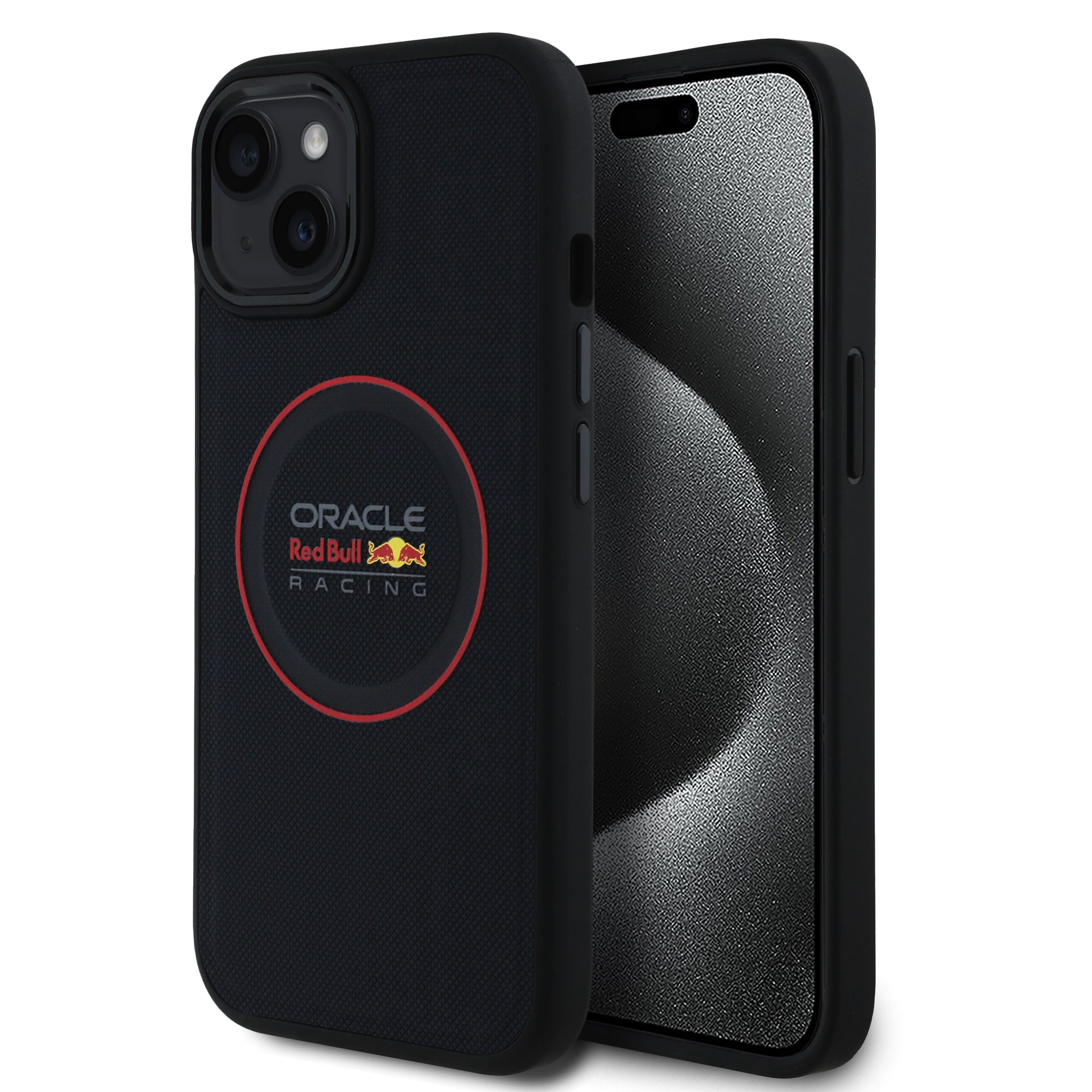 Tamsiai mėlynas dėklas Apple Iphone 15 Red Bull PU Leather Red Ring MagSafe Tamsiai mėlynas dėklas Apple Iphone 15 su raudonu MagSafe žiedu ir Oracle Red Bull Racing logotipu
