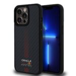 Juodas dėklas Apple Iphone 13 Pro Red Bull Carbon Powerbar MagSafe su anglies pluošto tekstūra ir raudonomis linijomis