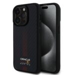 Juodas dėklas Apple Iphone 14 Pro Red Bull Carbon Powerbar MagSafe su raudonomis linijomis ir Oracle Red Bull Racing logotipu