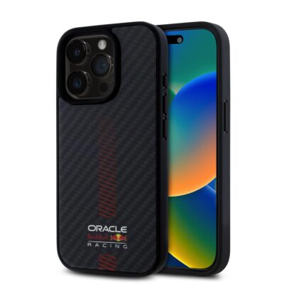 Juodas dėklas Apple Iphone 15 Pro Max su Red Bull Carbon Powerbar MagSafe raudonu dryžu