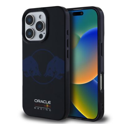 Tamsiai melynas deklas Apple Iphone 16 Pro su Red Bull logotipu ir Oracle Racing spauda