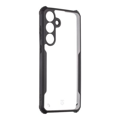 Skaidrus-juodas deklas Tactical Quantum Stealth telefonui Samsung Galaxy S25 Plus su ispjovomis tranzistorine kamera ir ratuko mygtuku.