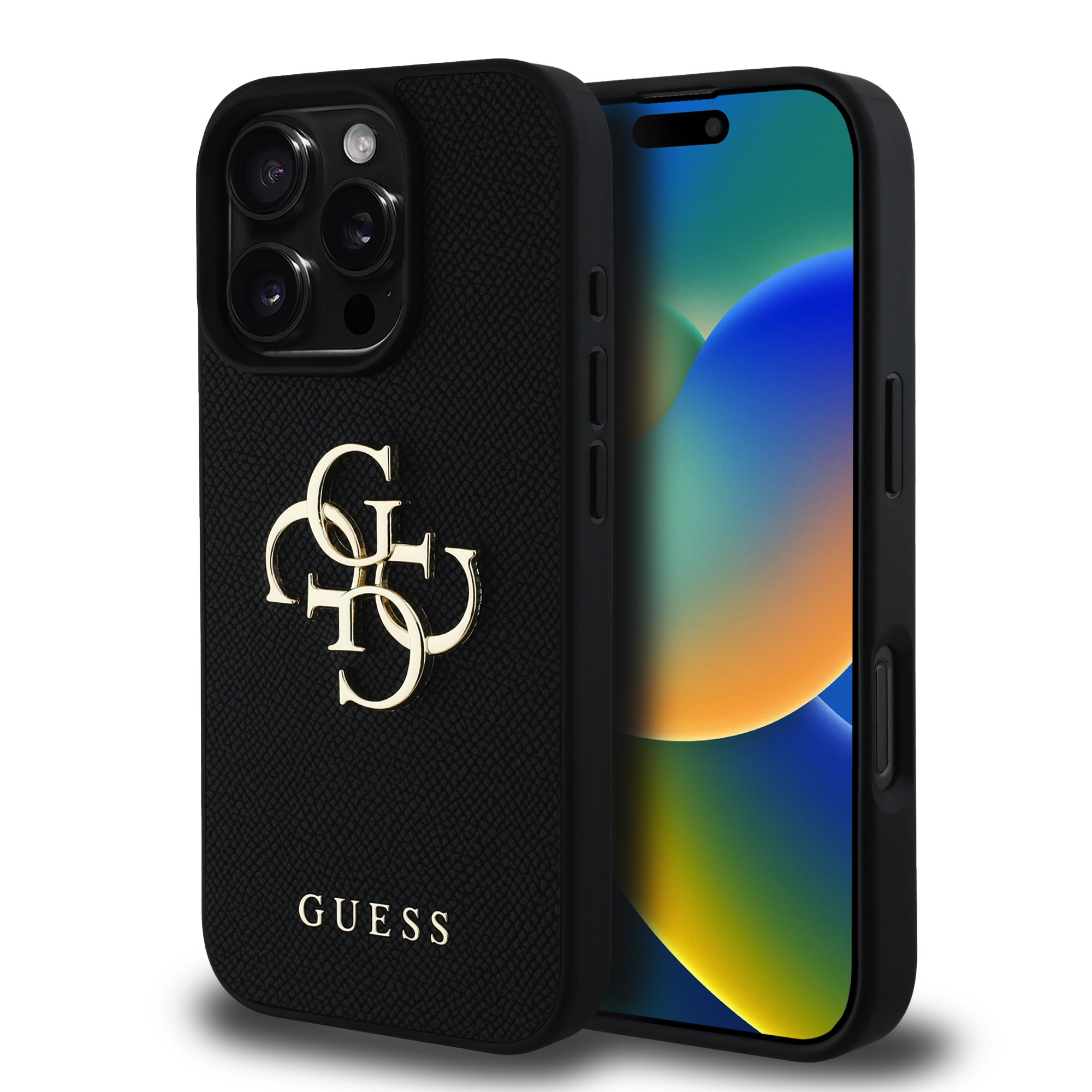 Juodas originalus dėklas Guess PU Grained 4G Metal Logo Juodas originalus dėklas Guess PU Grained 4G Metal Logo telefonui Apple iPhone 16 Pro su metaliniu Guess logotipu