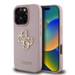 Rausvas originalus dėklas Guess PU Grained 4G Metal Logo telefonui Apple iPhone 16 Pro su auksiniu logotipu