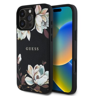 Juodas dėklas Apple Iphone 16 Pro Max Guess PU Grained Magnolia MagSafe su gėlių raštu
