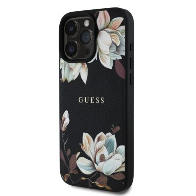 Juodas dėklas Apple Iphone 16 Pro Max Guess PU grained Magnolia MagSafe su gėlių raštu