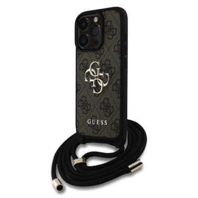 Rudas originalus dėklas Guess PU 4G Metal Logo Crossbody Strap telefonui Apple iPhone 16 Pro Max su metaliniu logotipu ir juodu diržu