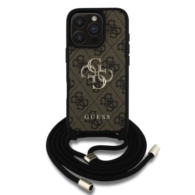 Rudas originalus dėklas Guess PU 4G Metal Logo Crossbody Strap telefonui Apple iPhone 16 Pro Max su ilgu juodu dirželiu