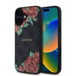 Juodas dėklas Apple Iphone 16 Guess PU Leather 4G Roses MagSafe su rožių piešiniu