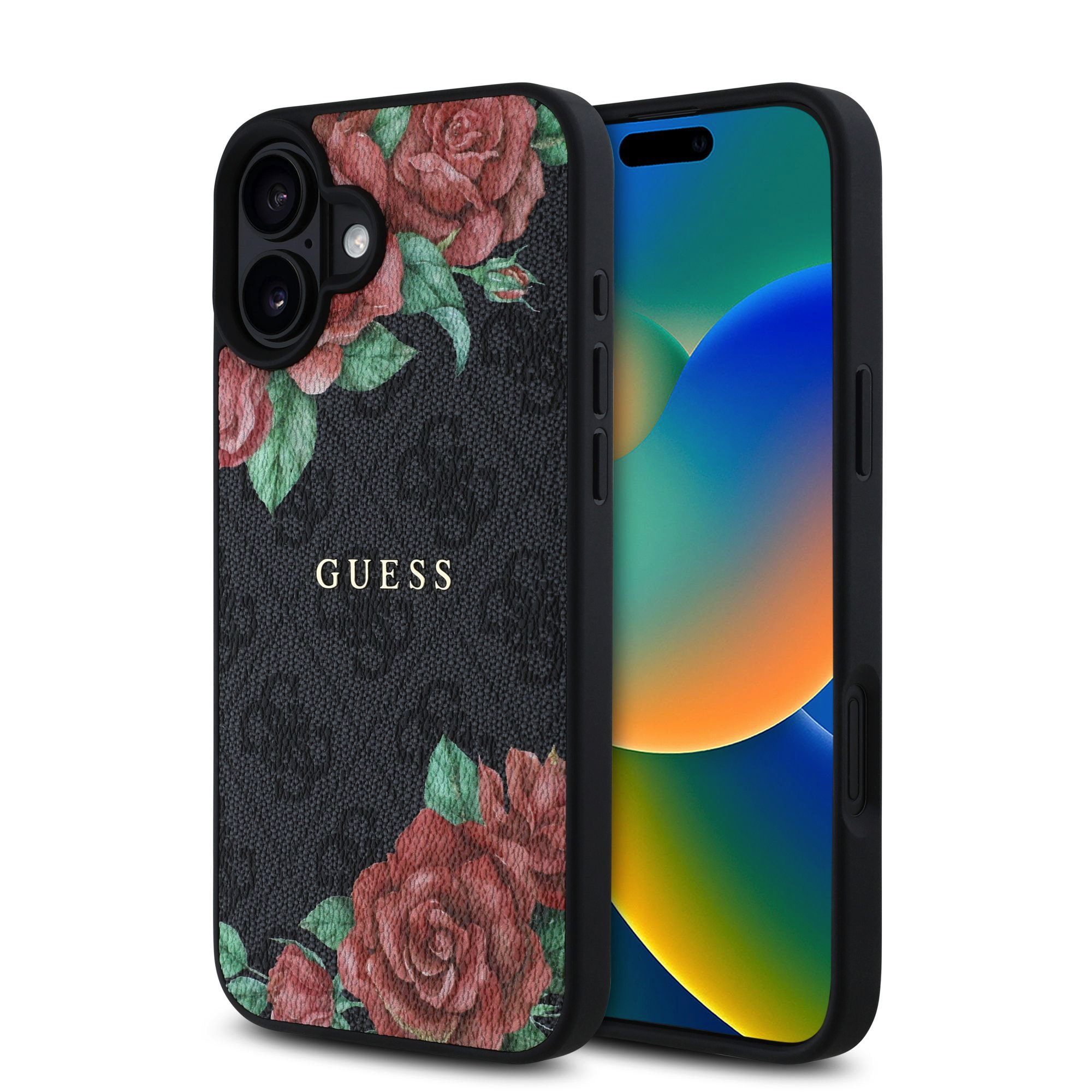 Juodas dėklas Apple Iphone 16 Guess PU Leather 4G Roses MagSafe Juodas dėklas Apple Iphone 16 Guess PU Leather 4G Roses MagSafe su rožių piešiniu