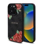 Juodas dėklas Apple Iphone 16 Pro Guess PU Leather su rožių raštu ir MagSafe tvirtinimu