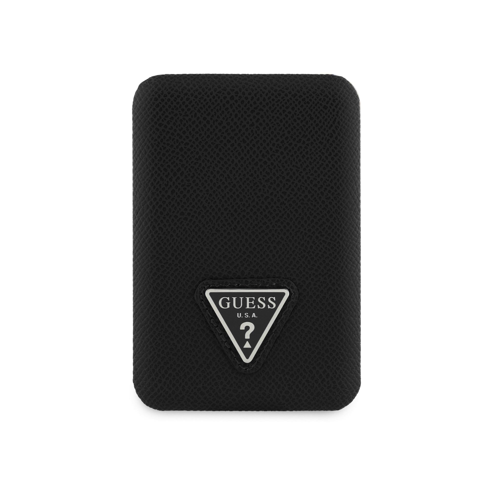 Juoda išorinė baterija Guess PU Grained Triangle Logo Powerbank Juoda išorinė baterija Guess PU Grained Triangle Logo MagSafe Powerbank su trikampio formos logotipu