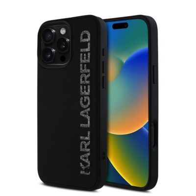 Juodas dėklas Karl Lagerfeld 3D Rubber Glitter Logo Karl telefonui Apple Iphone 16 Pro su sidabro spalvos blizgiu logotipu
