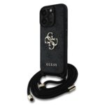 Juodas originalus dėklas Guess PU 4G Metal Logo Crossbody Strap telefonui Apple iPhone 16 Pro Max su raiščiu