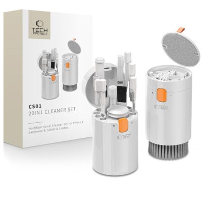 Baltas valymo rinkinys TECH-PROTECT CS01 su 20 skirtingų aksesuarų telefonams, ausinėms, planšetėms ir kompiuteriams.