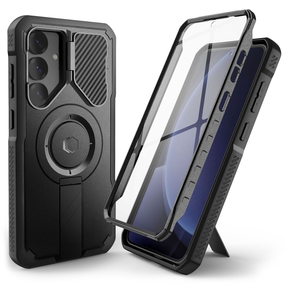 Juodas dėklas Samsung Galaxy S25 Tech-Protect Kevlar Magsafe+ Juodas dėklas Samsung Galaxy S25 Tech-Protect Kevlar Magsafe+ su permatomu priekiu ir tekstūruota nugara