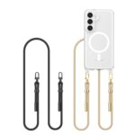 Skaidrus dėklas su juoda-taupe virvele Samsung Galaxy S25 Tech-Protect Flexair Chain, vaizduojami du virvelių komplektai