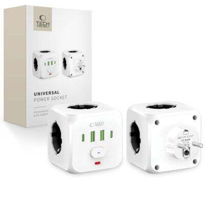 Balta maitinimo rozetė TECH-PROTECT PCL3X4 POWER SOCKET su 2 USB ir 2 Type-C jungtimis bei 3 lizdais