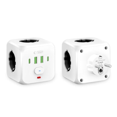 Balta maitinimo rozetė TECH-PROTECT PCL3X4 POWER SOCKET su 2 USB ir 2 TYPE-C įvestimis bei 3 lizdais